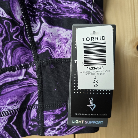 Torrid Active Longline Sports Bra Purple Marbled Print Light Support Size 4 NWT - Picture 3 of 8